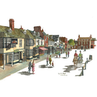 Pintura de una calle alta de Highworth en Wiltshire, Reino Unido