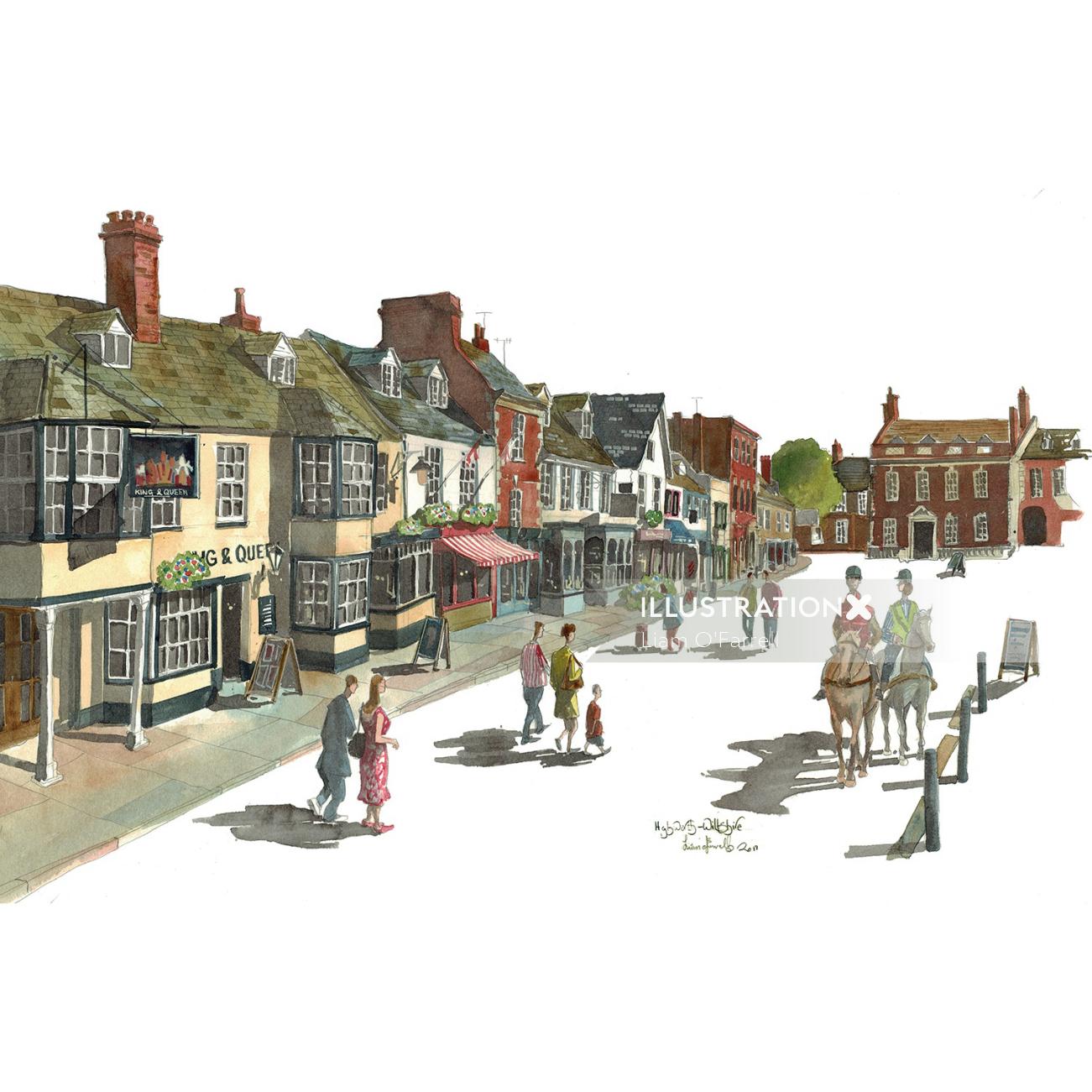 Painting of a Highworth high Street in Wiltshire, UK