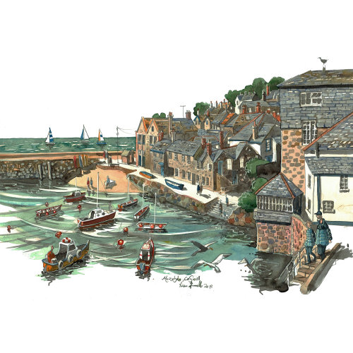 Liam O' Farrell Illustrates the Mousehole Harbor, Cornwell