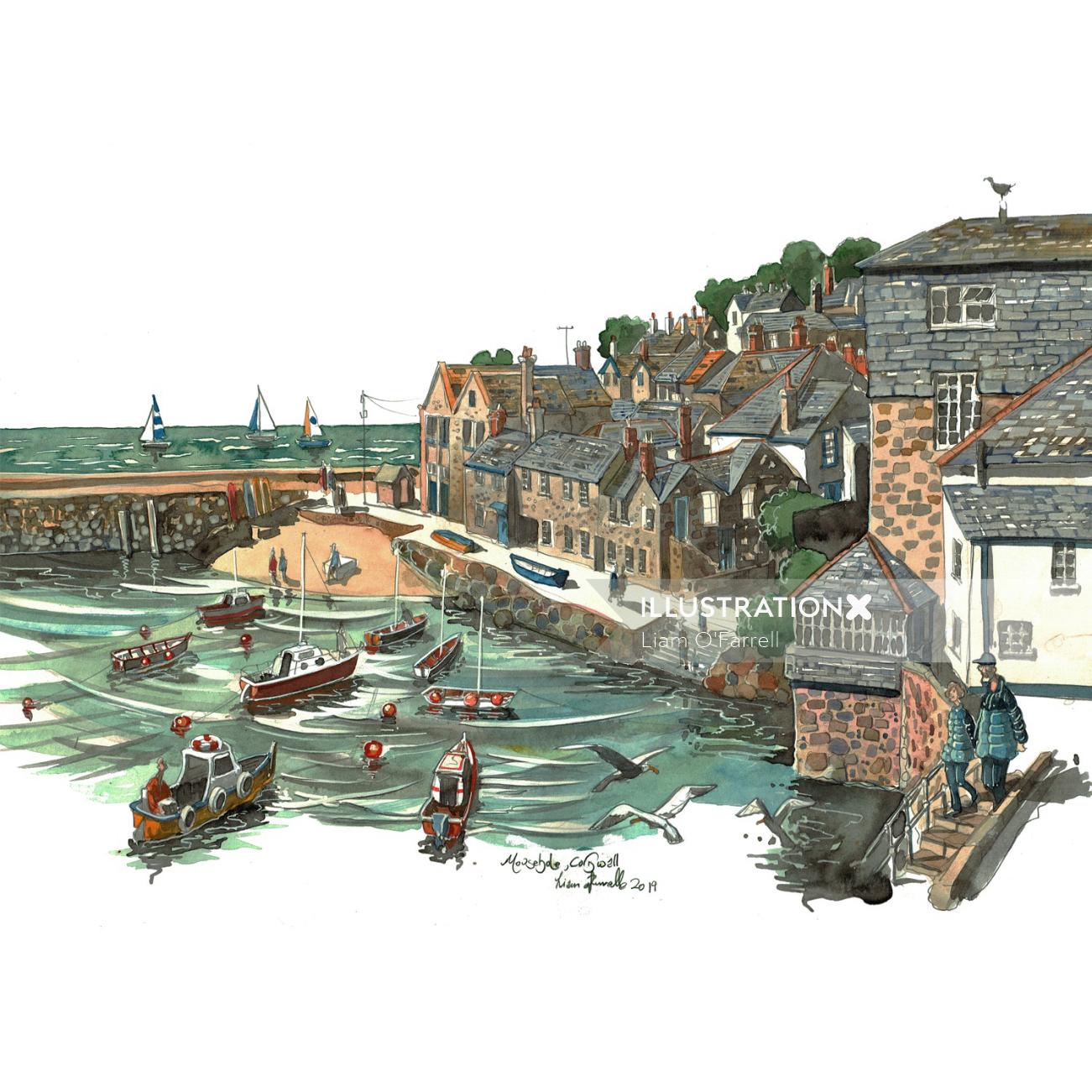 Liam O' Farrell Illustrates the Mousehole Harbor, Cornwell
