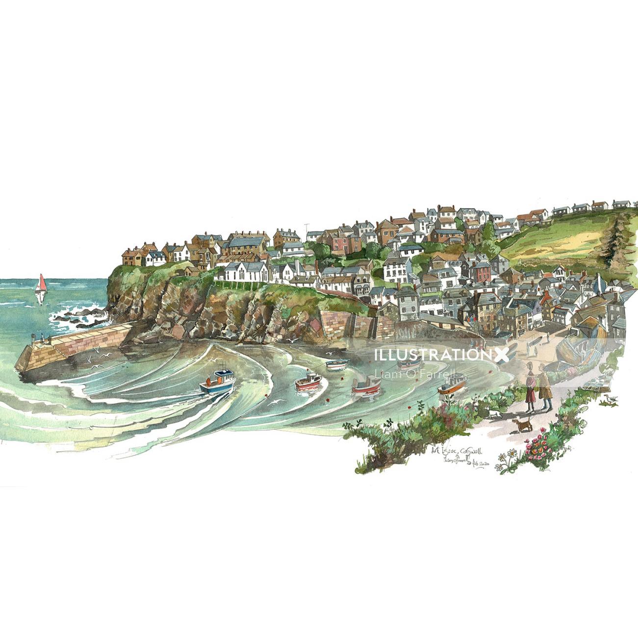 Editorial illustration of Port Issac in Cornwall