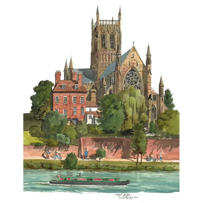 A painting of Worcester Cathedral on the river Severn