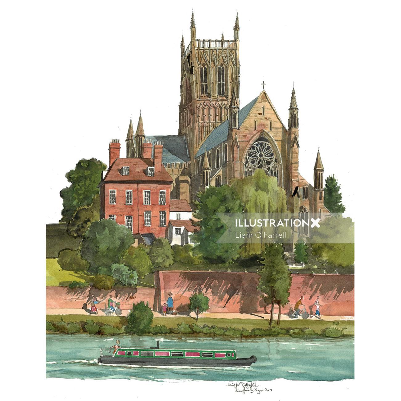 A painting of Worcester Cathedral on the river Severn