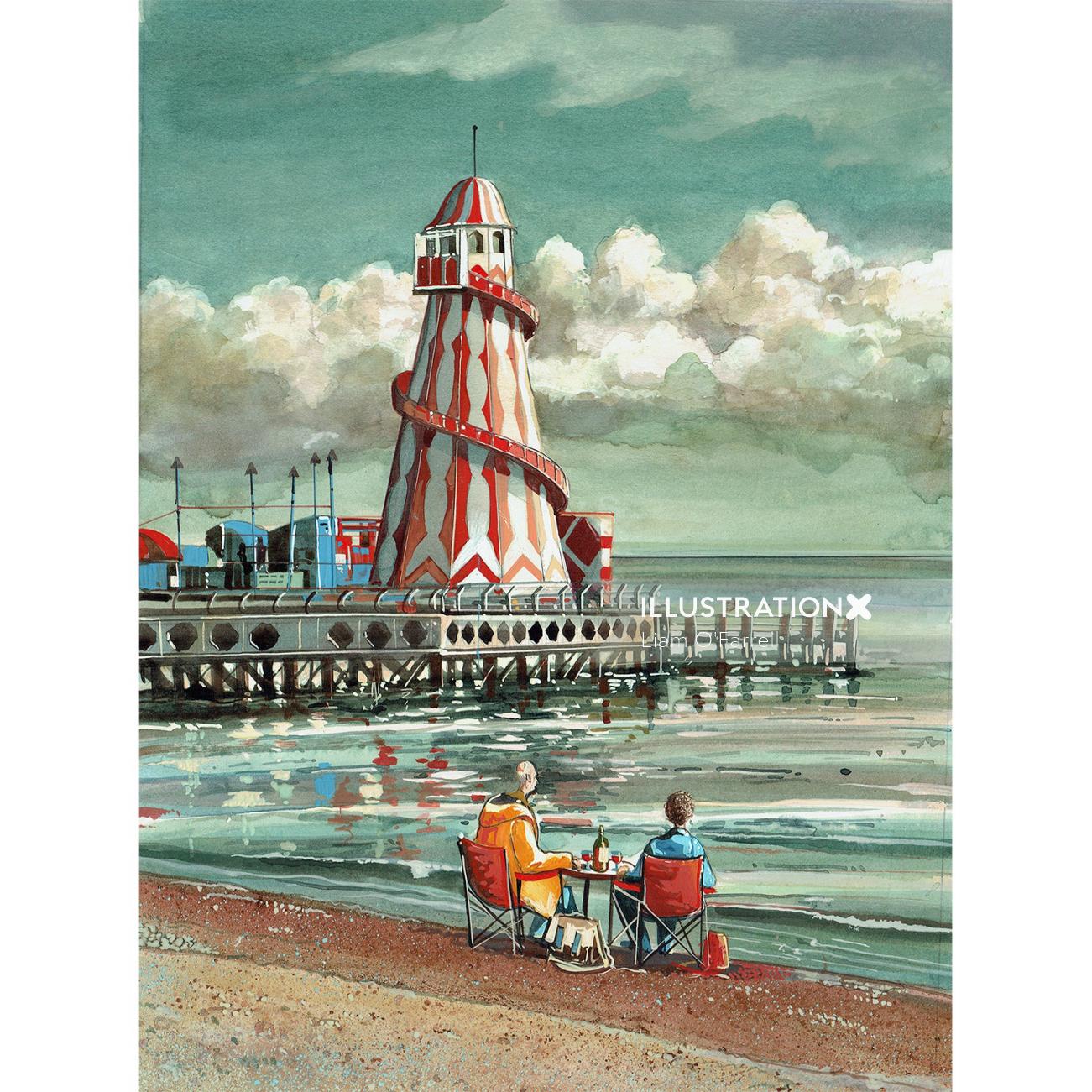 Red and white Helter skelter painting