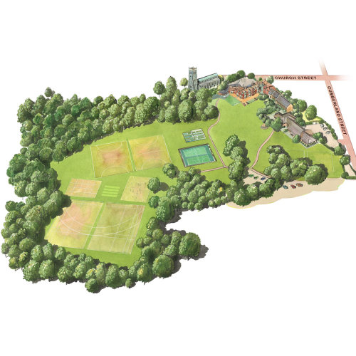 插图的Arial视图，用于显示Woodbridge prep sc的地面，建筑物和主要特征