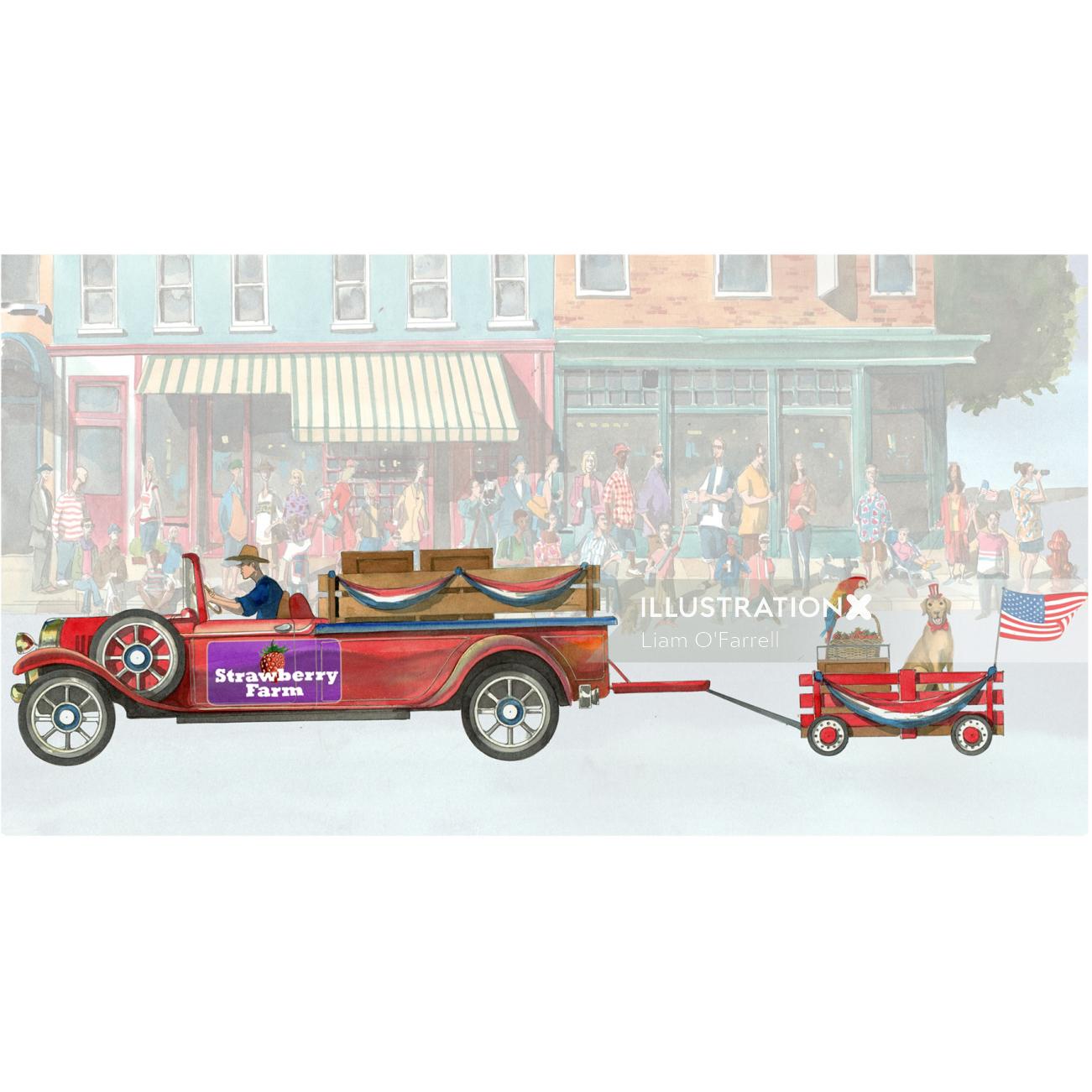 A watercolor showing a 4th of July Parade for American Greetings