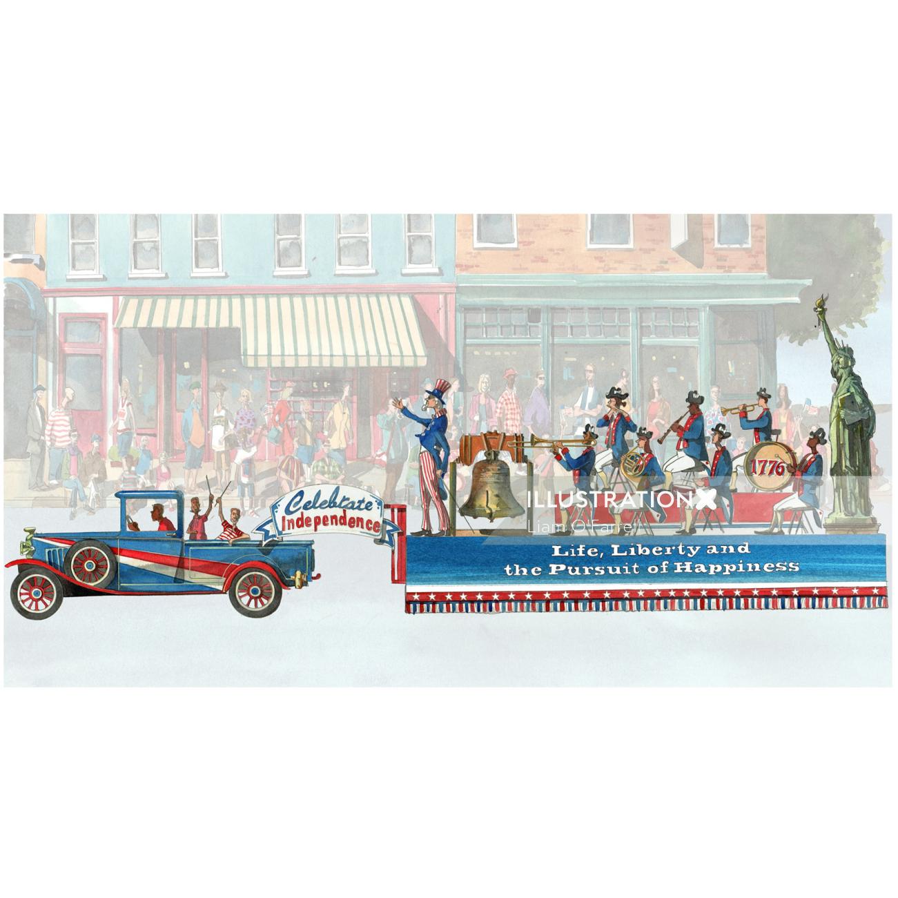 Watercolor illustration showing 4th of July Parade in US