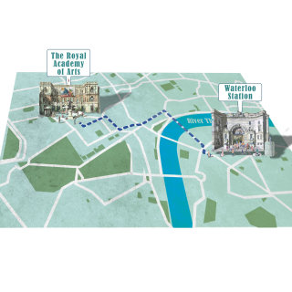 Plano de caminhada da Estação Waterloo até a Royal Academy of Art de Londres