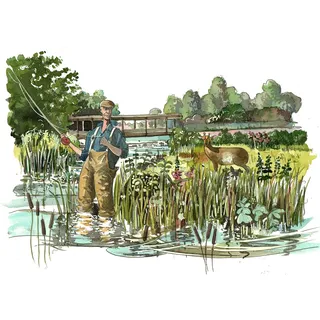 Artwork depicting a man fishing