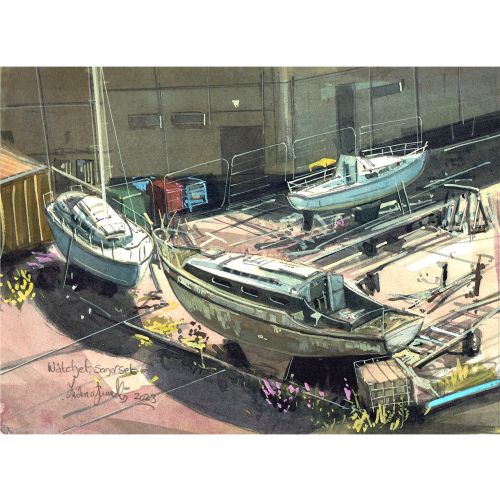 Watercolour painting of boats on the dockside