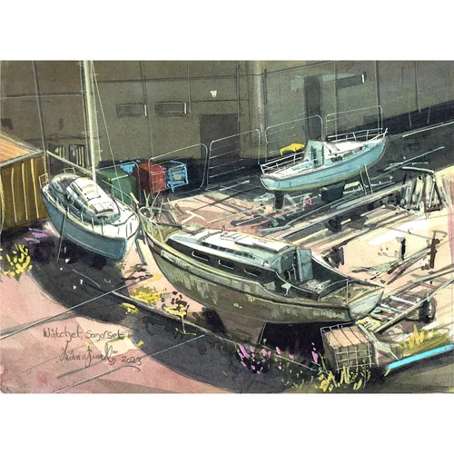 Watercolour painting of boats on the dockside