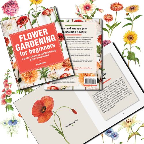 "Flower Gardening for beginners" book cover dawing