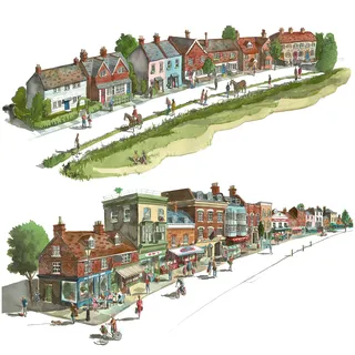 Two illustrations of a Home Counties high street for developers