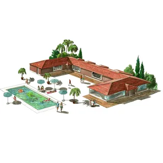 Aerial view of a holiday chalet concept with a swimming pool