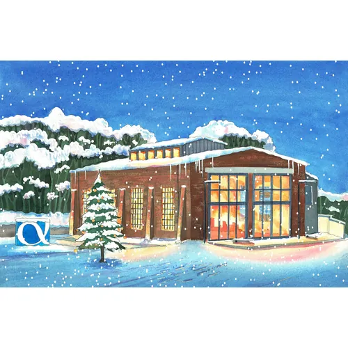 Snow-covered architecture office glowing warmly at night by Liam O'Farrell