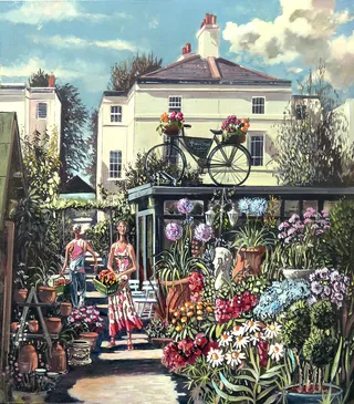 An illustration featuring a high-end garden center in London