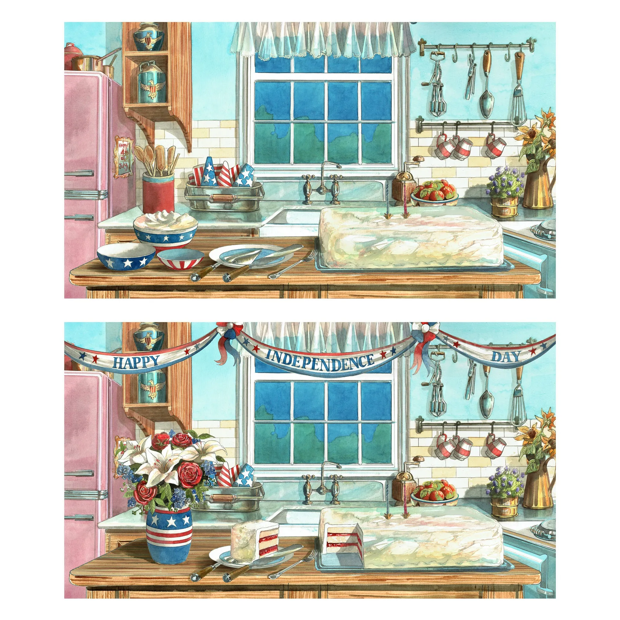 Kitchen decorated with patriotic USA Independence Day items