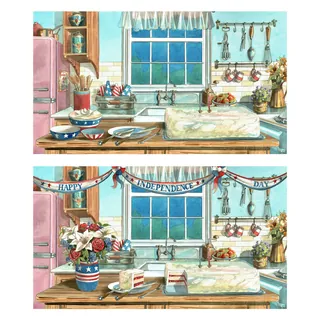 Kitchen decorated for Independence Day with cake, flowers, and patriotic banners.