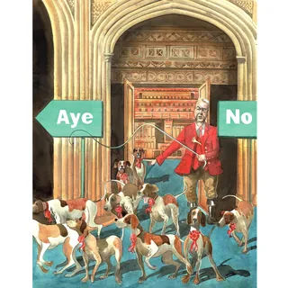 Illustration of a man in red with dogs between Aye and No signs