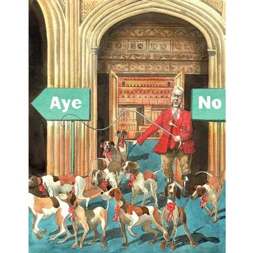Illustration of a man in red with dogs between Aye and No signs