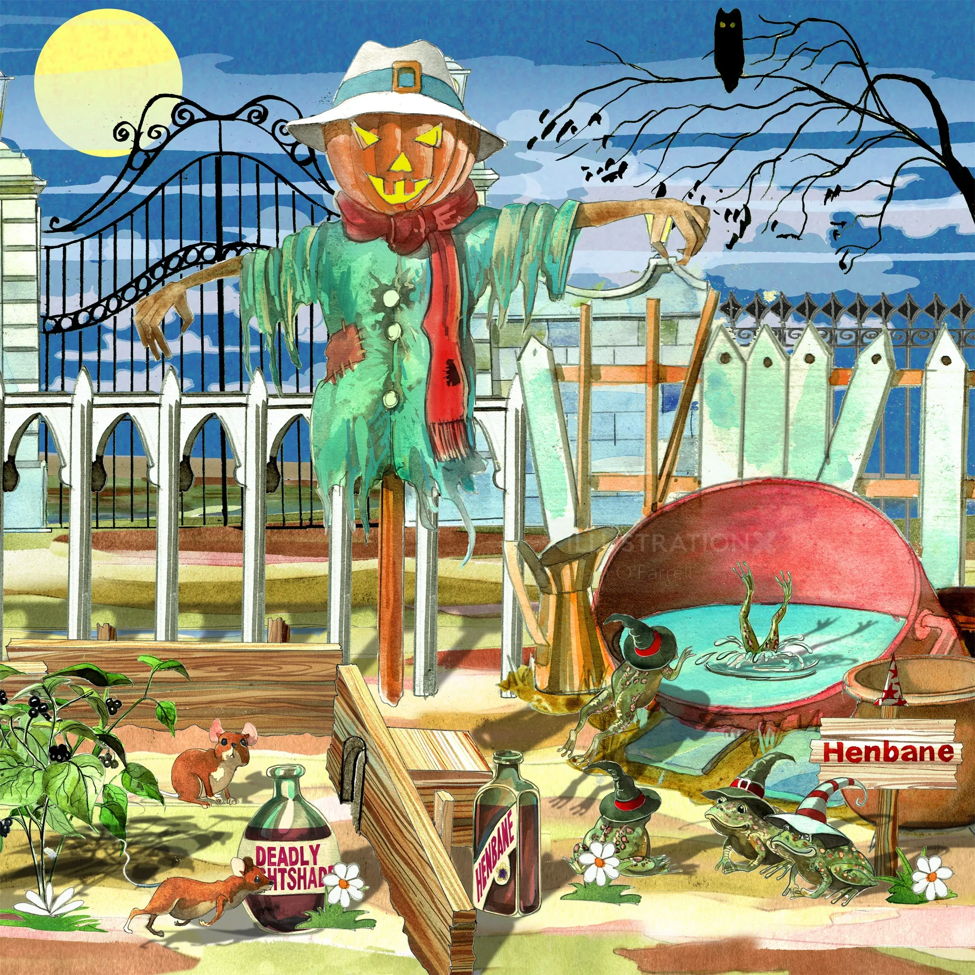 Haunted garden scene with scarecrow and animals by Liam O'Farrell