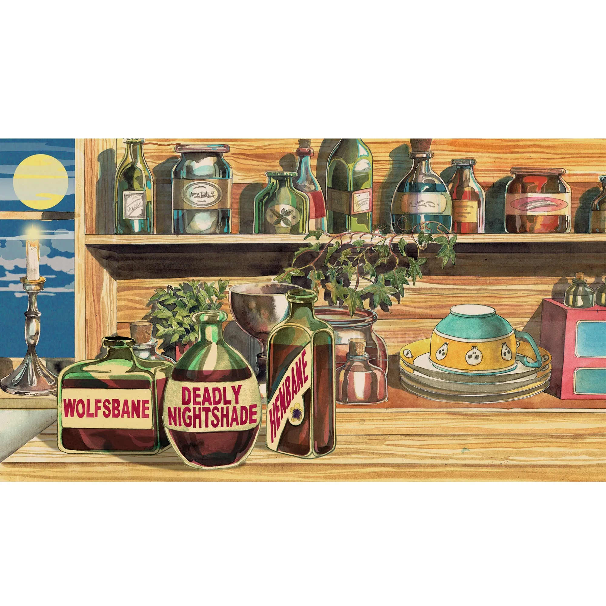 Watercolour of Halloween potion bottles and teapot by Liam O'Farrell