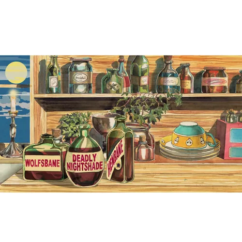 Watercolour of Halloween potion bottles and teapot by Liam O'Farrell