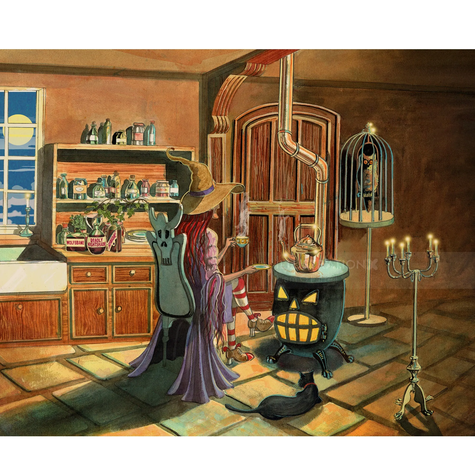 Watercolour of a witch in a kitchen by the stove with cat and owl cage by Liam O'Farrell