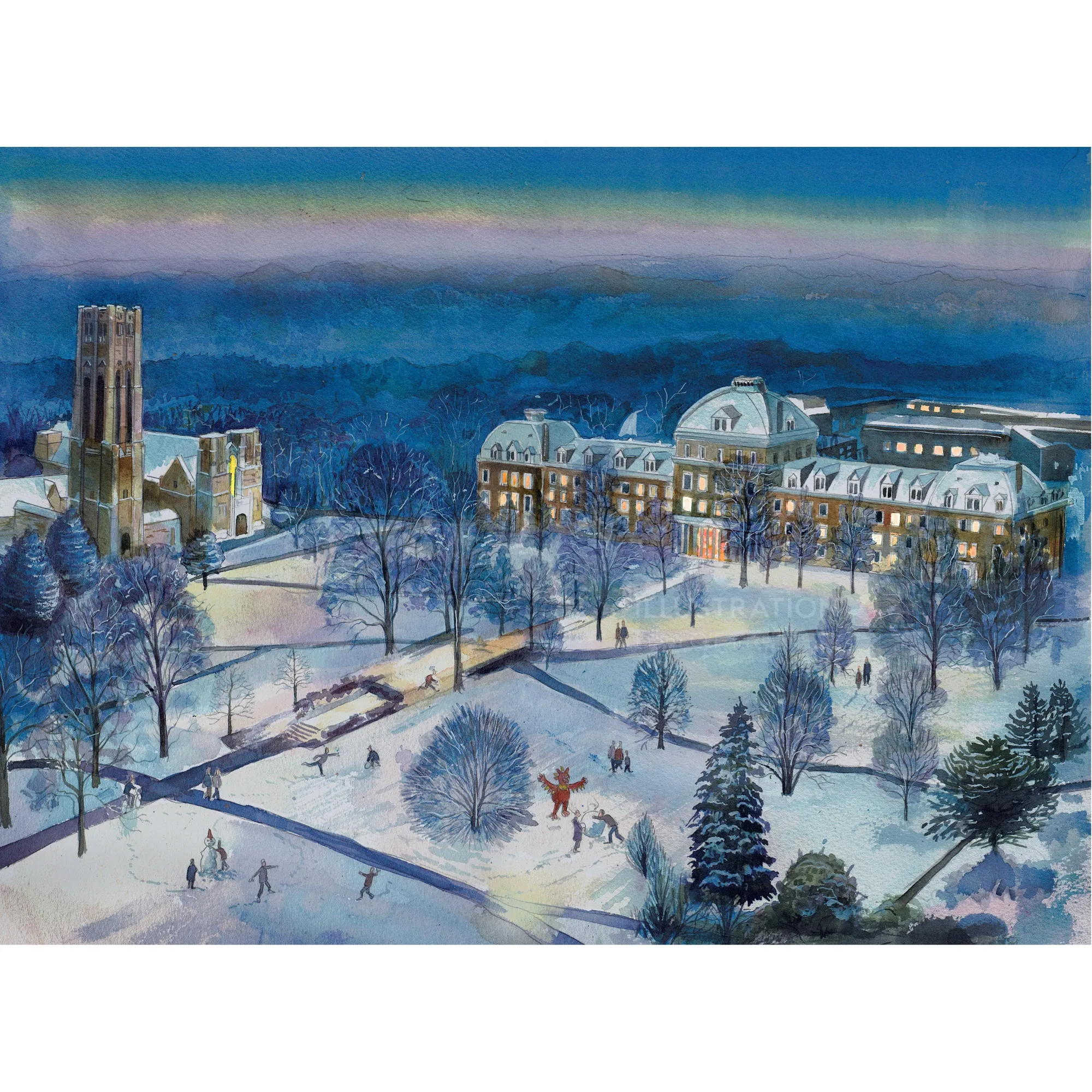 Snow-covered Swarthmore College campus at night, winter scene by Liam O'Farrell