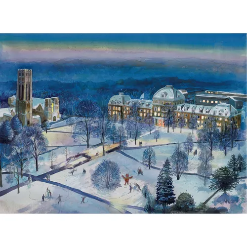 Snow-covered Swarthmore College campus at night, winter scene by Liam O'Farrell
