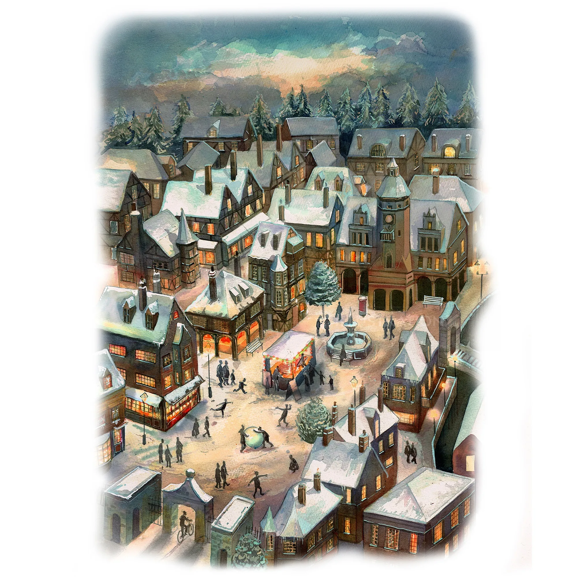 Snowy European town at night with people playing in the snow by Liam O'Farrell