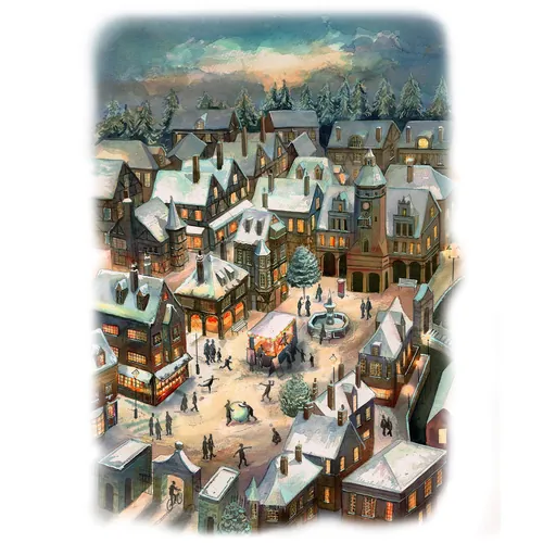 Snowy European town at night with people playing in the snow by Liam O'Farrell