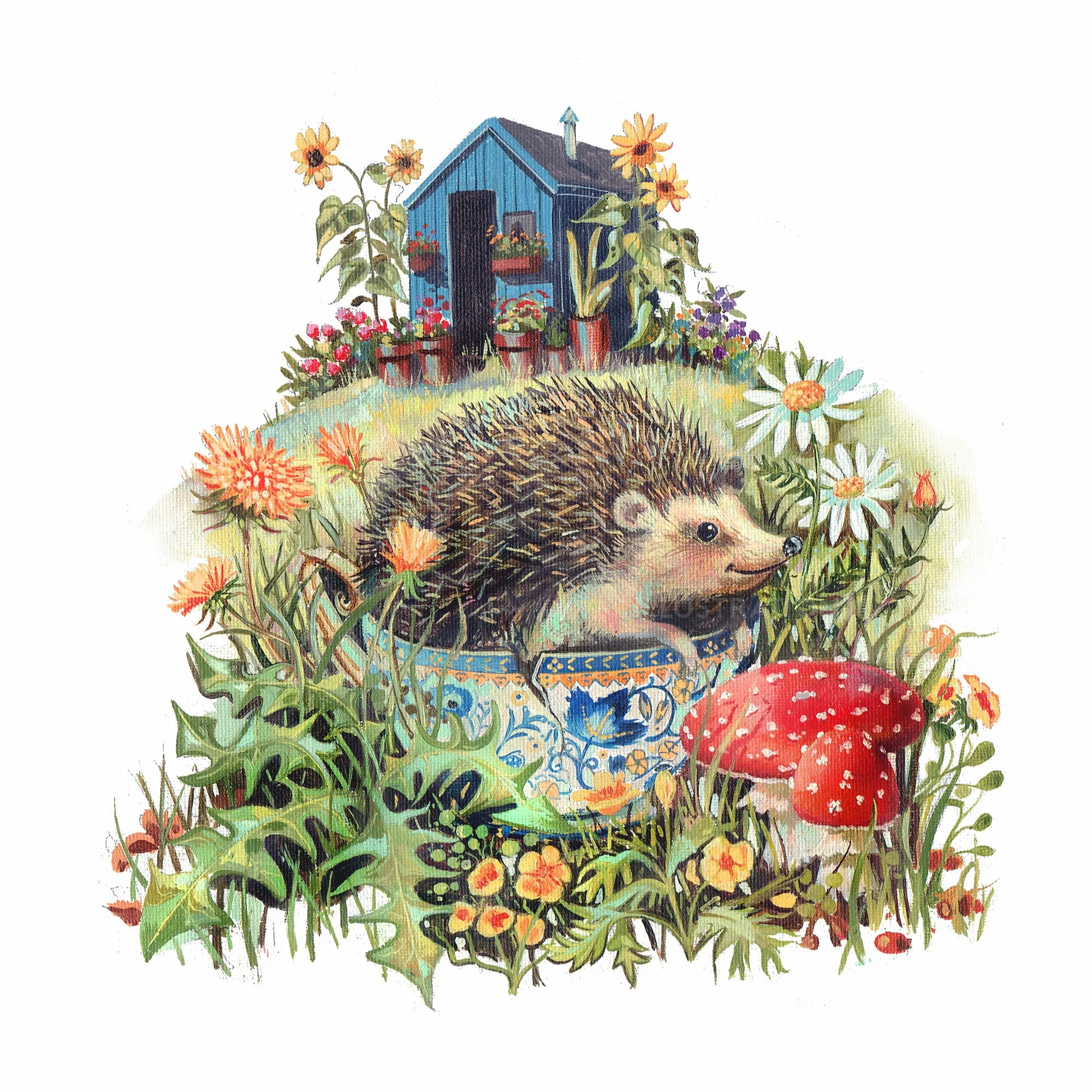 Watercolor hedgehog sitting inside a blue and white tea cup by Liam O'Farrell