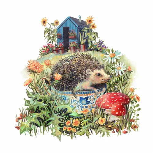 Watercolor hedgehog sitting inside a blue and white tea cup by Liam O'Farrell