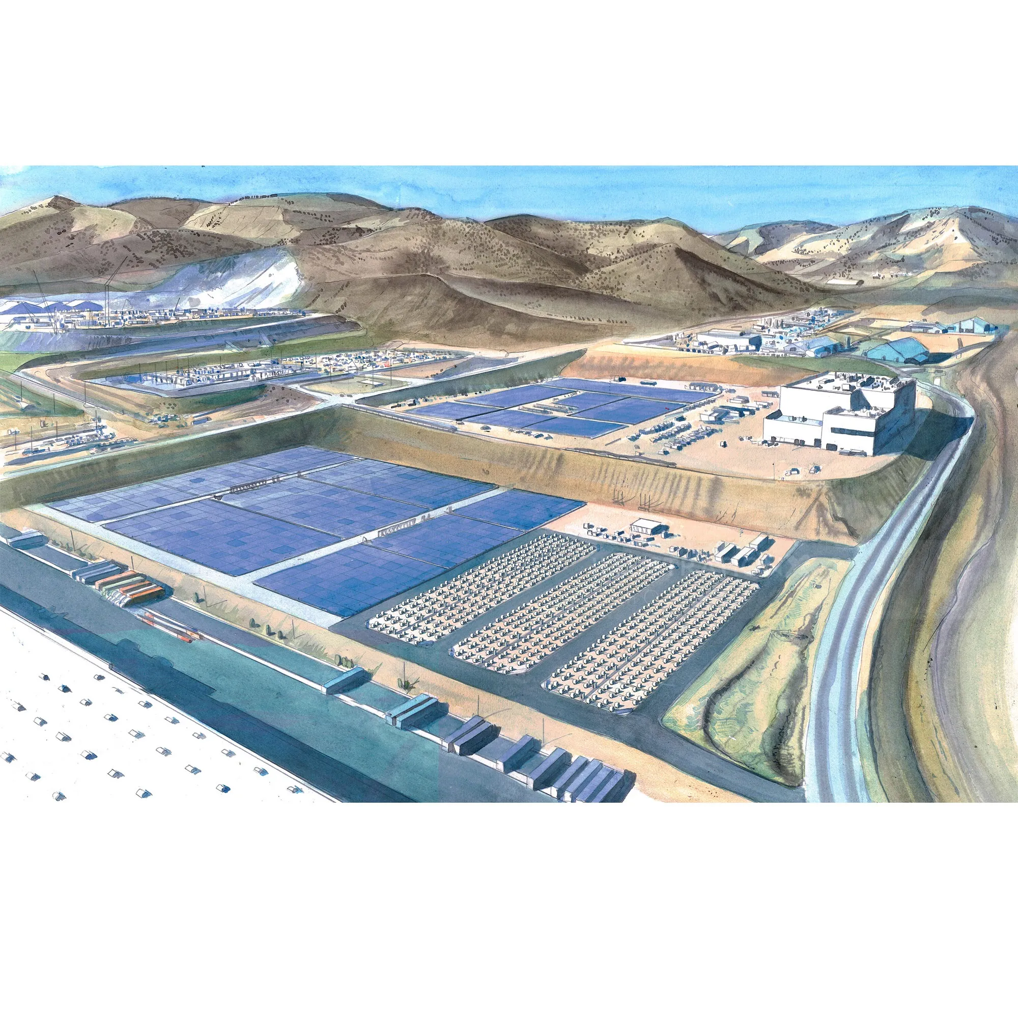 Desert data center with solar panels and battery storage by Liam O'Farrell