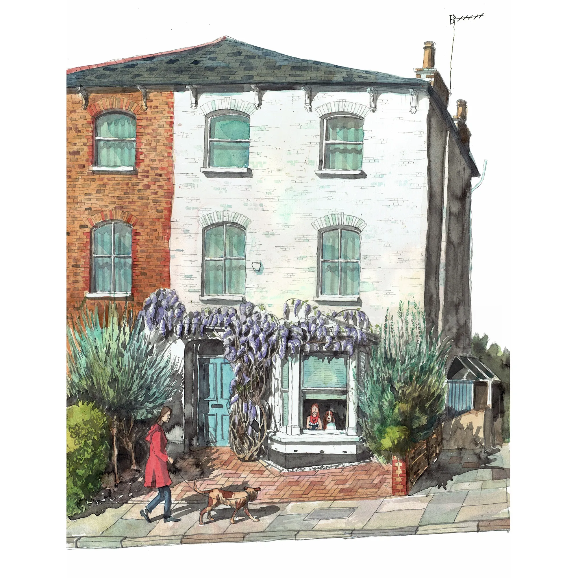 Liam O'Farrell aquarela de uma casa geminada desgastada pelo tempo com glicínias e pedestres
