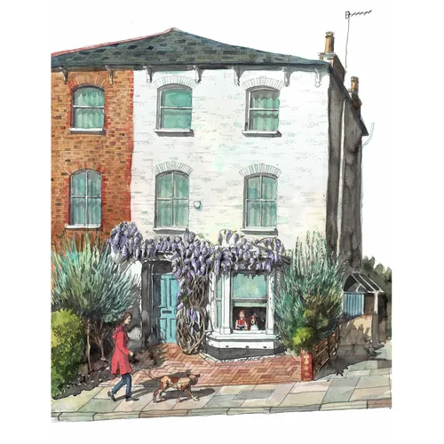 Liam O'Farrell aquarela de uma casa geminada desgastada pelo tempo com glicínias e pedestres