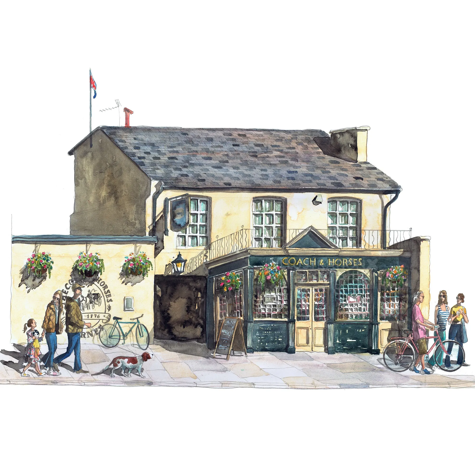 Ilustração do pub Coach and Horses com bicicletas e pedestres (Liam O'Farrell).