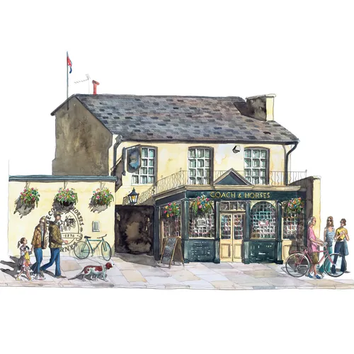 Ilustração do pub Coach and Horses com bicicletas e pedestres (Liam O'Farrell).