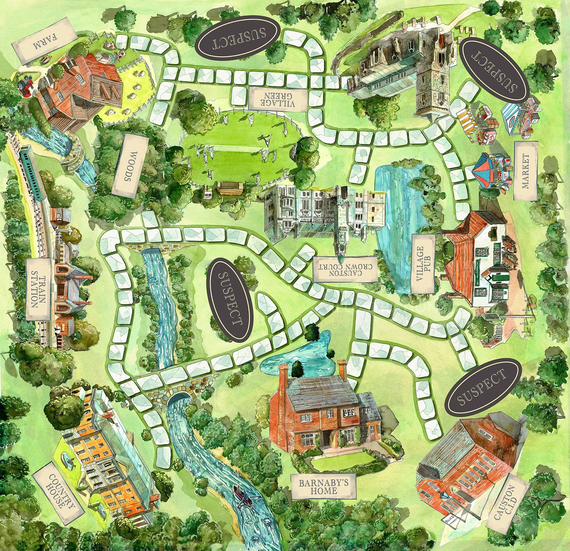 Mapa do jogo de tabuleiro Midsomer Murders ilustrado por Liam O'Farrell