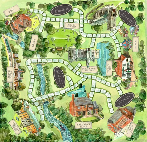Mapa do jogo de tabuleiro Midsomer Murders ilustrado por Liam O'Farrell