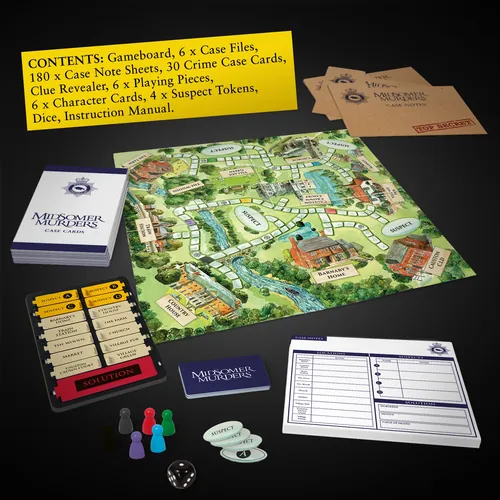 Jogo de tabuleiro Midsomer Murders da turma Liam O'Farrell com mapa e peças do jogo.