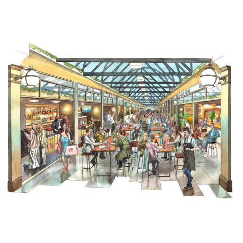Illustration by Liam O'Farrell showing the busy interior of Boxhall Arcade