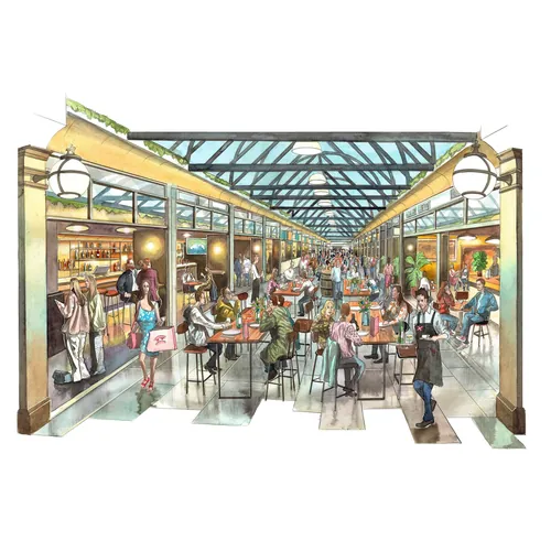Illustration by Liam O'Farrell showing the busy interior of Boxhall Arcade