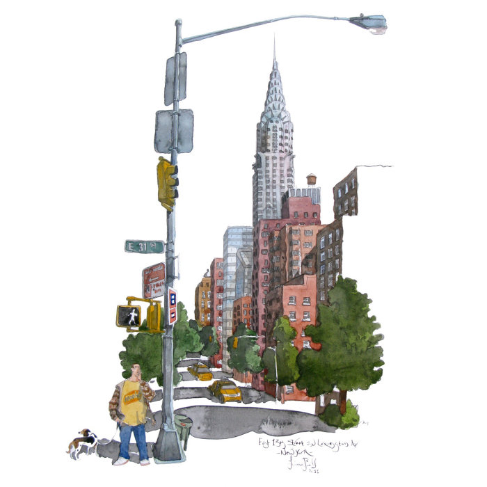 Illustration of E13th and Lexington avenue showing the Chrysler Building in New York