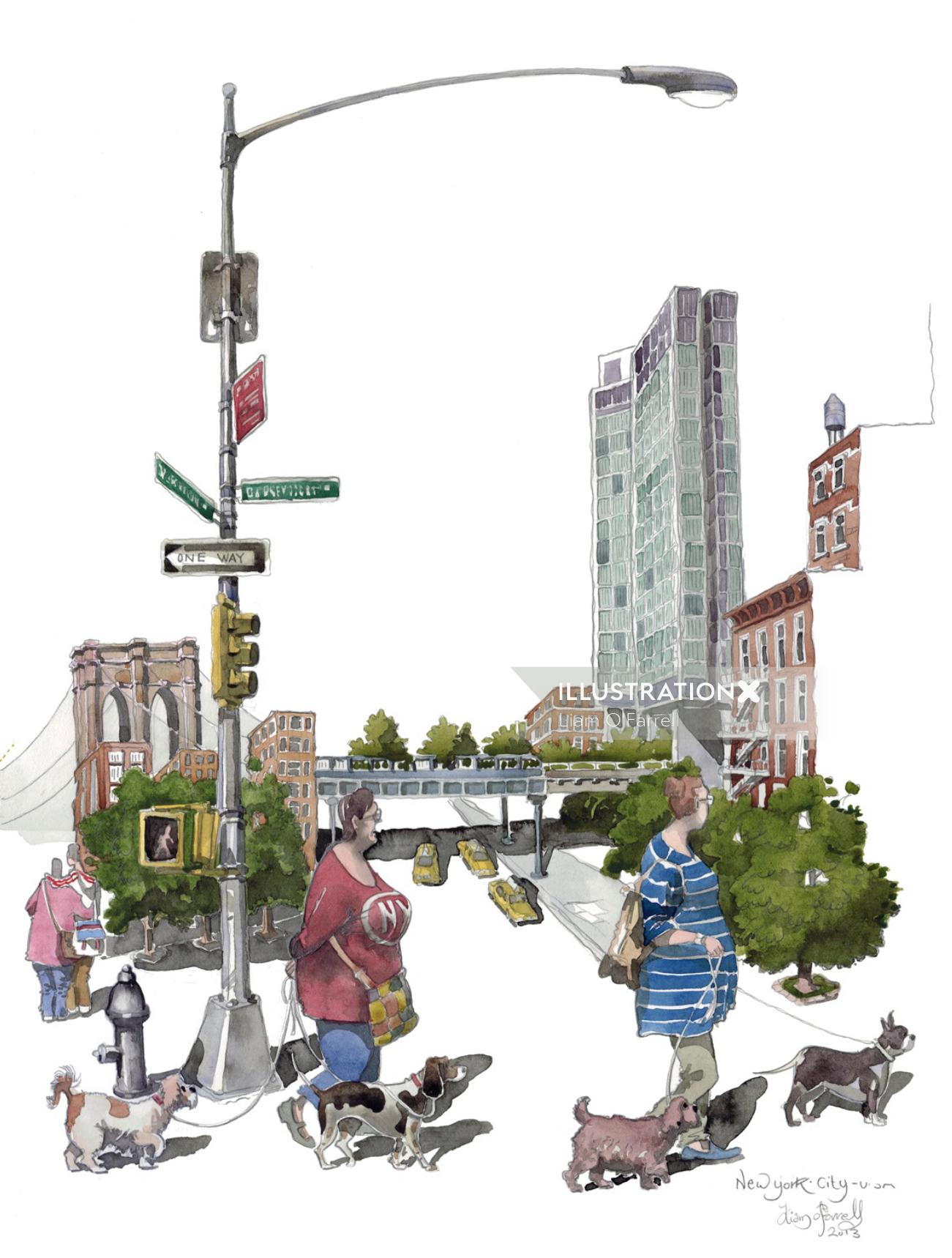 ニューヨーク市の犬の散歩のイラスト