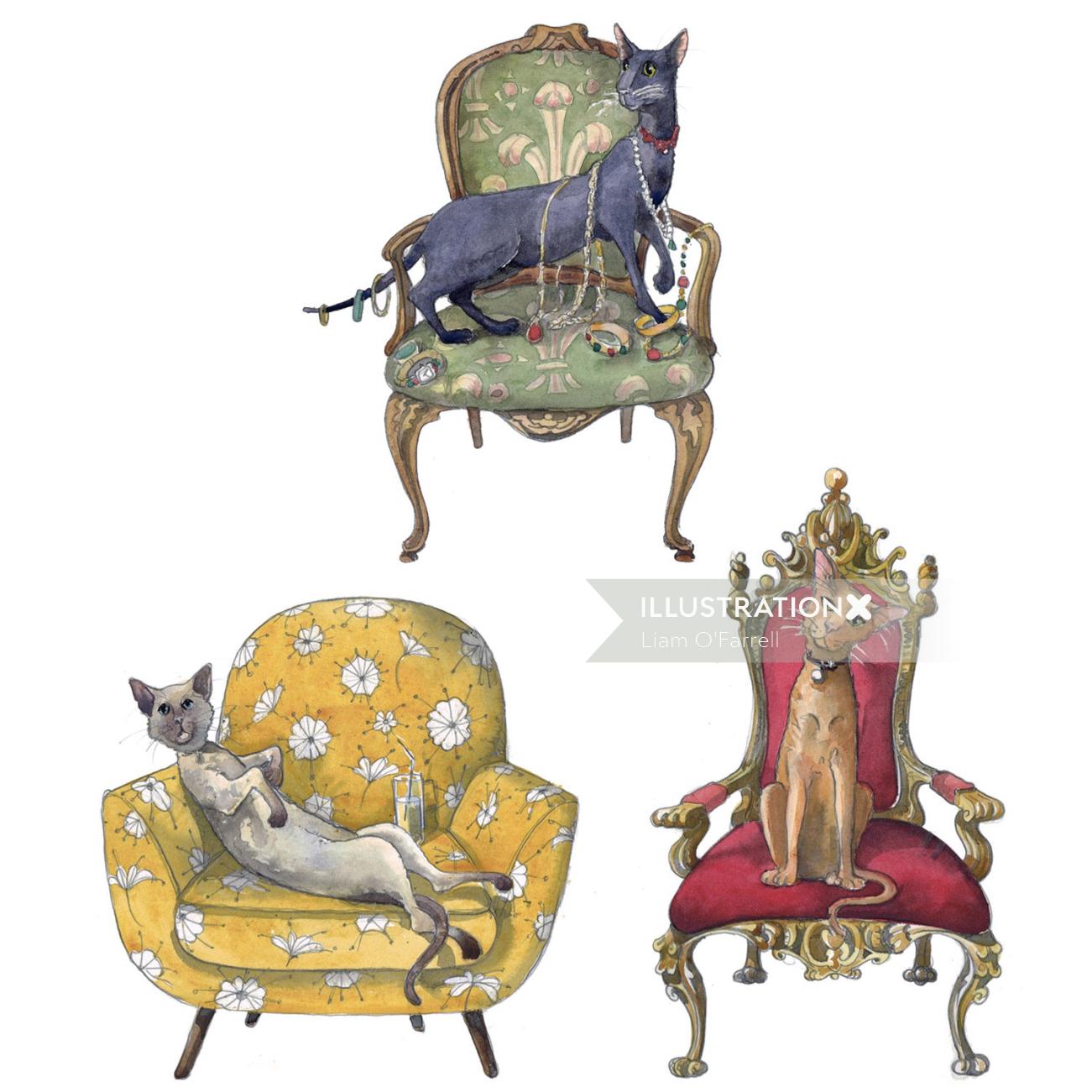 Illustration of Cats in Chairs