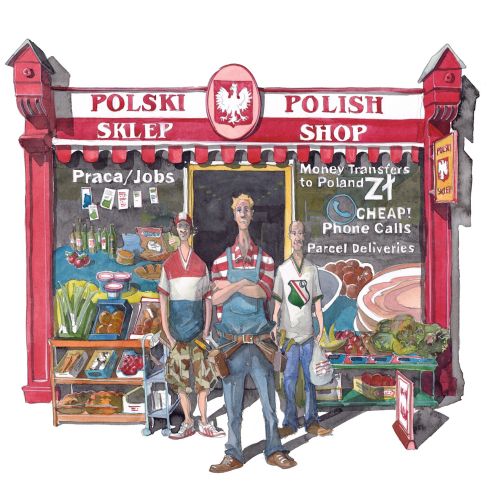 A cartoon of Polish men outside a shop