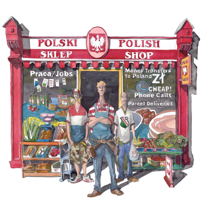Une caricature d&#39;hommes polonais à l&#39;extérieur d&#39;un magasin