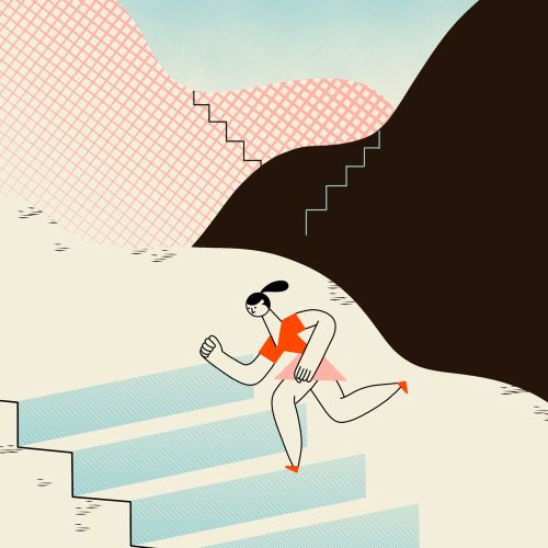 young woman running up on stairs